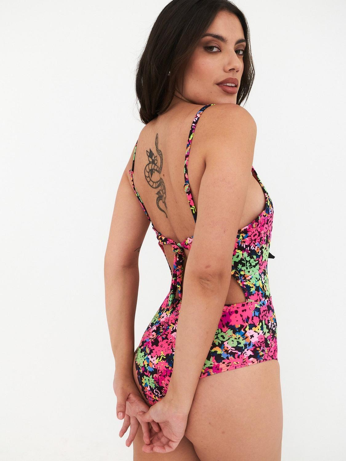 Trikini Daikiri Mujer Ajustable Espalda Flores Negro Rosa Flúor Filtro UV50+-4