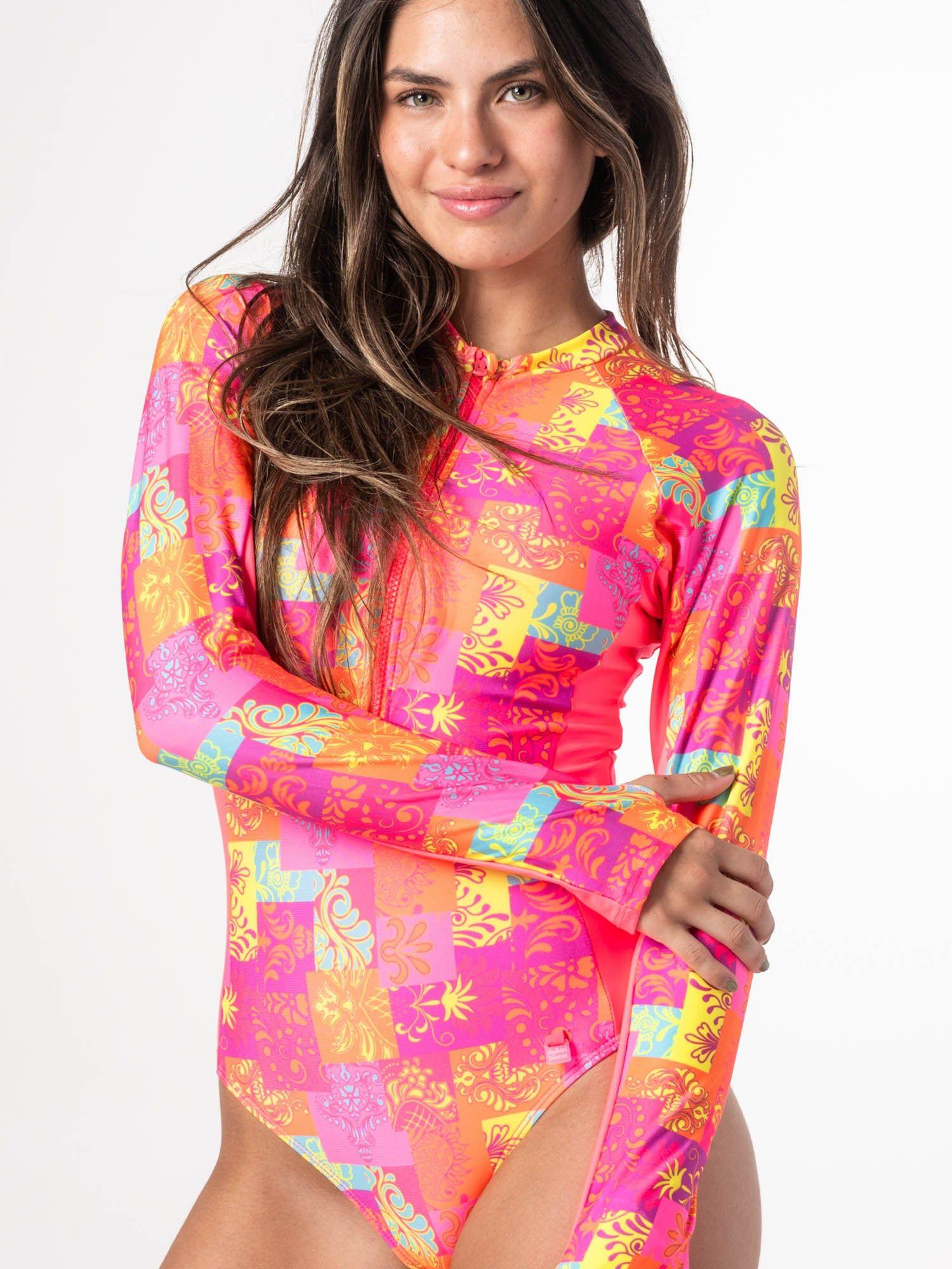 Traje de Baño Surf Daikiri Mujer Manga Larga Cierre Delante Patchwork Naranjo Flúor Protección UV50+-0