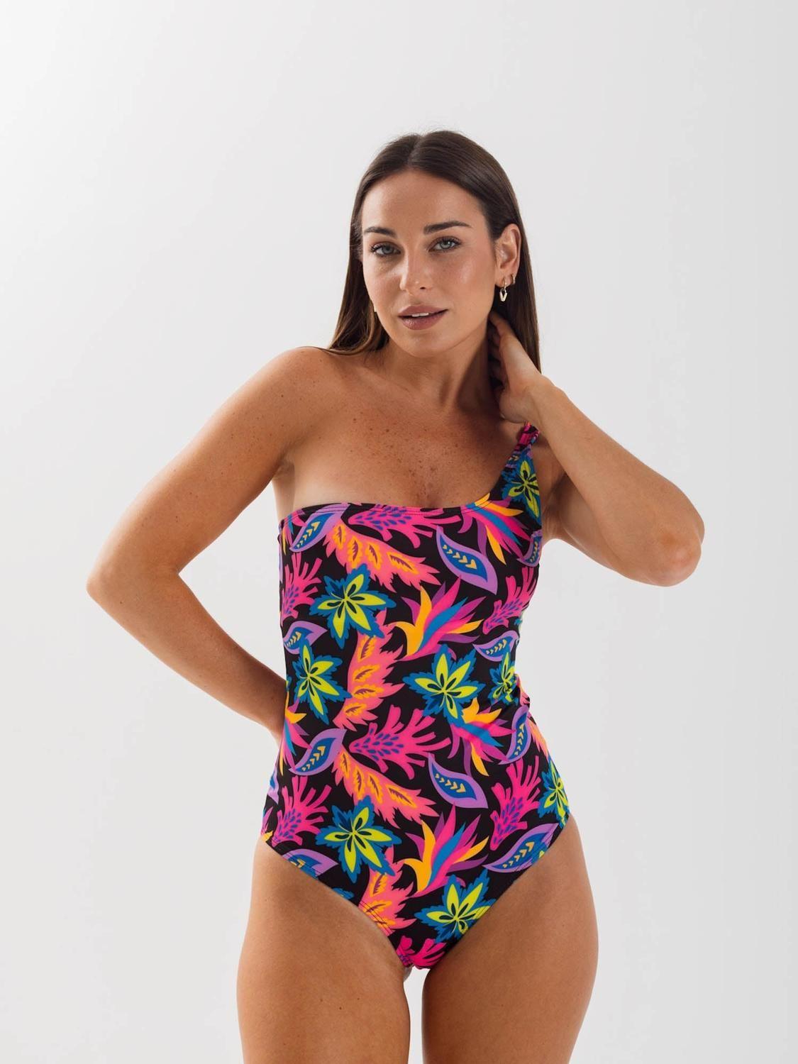 Traje de Baño Daikiri Mujer Un Hombro Floral Negro Flúor Filtro UV50+-7