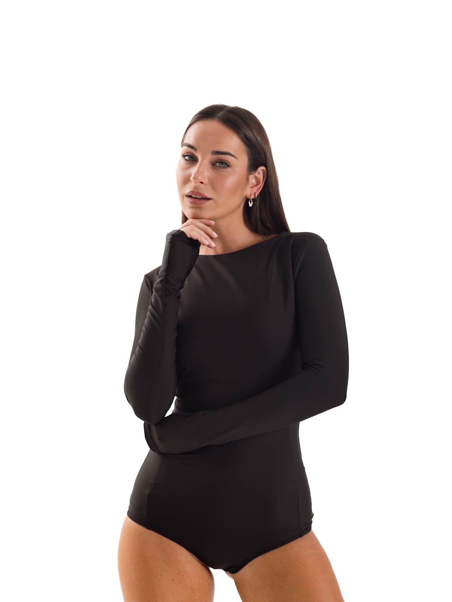 Daikiri Traje de Baño Surf Mujer Negro Liso Manga Larga Deportivo Protección UV 50+-6