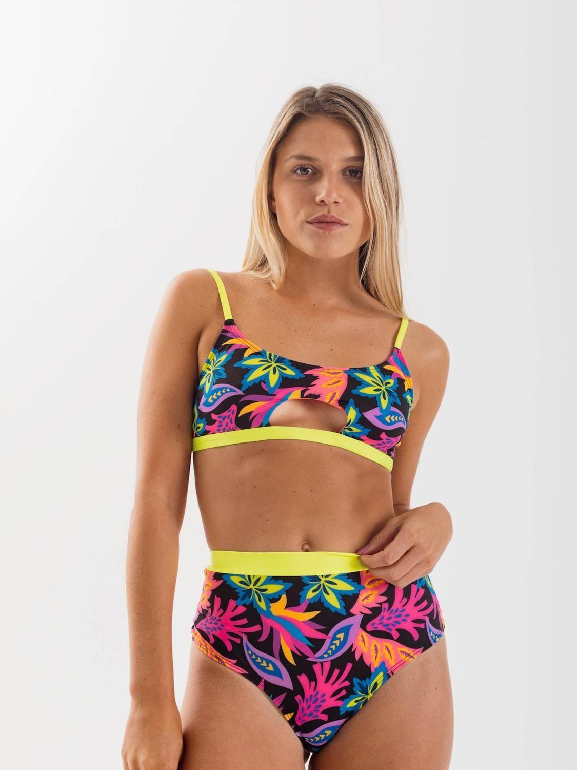 Top de Bikini Daikiri Mujer Deportivo Soporte Floral Negro Flúor Filtro UV50+-6