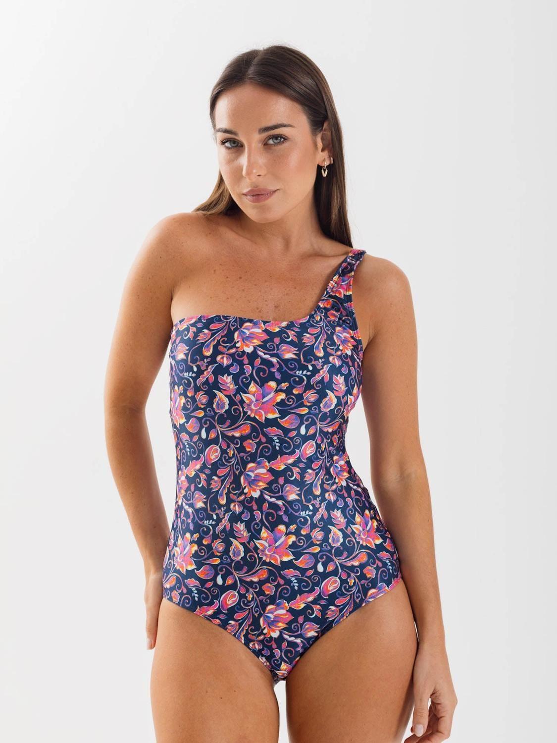 Traje de Baño Daikiri Mujer Un Hombro Flores Azul Flúor Filtro UV50+-7
