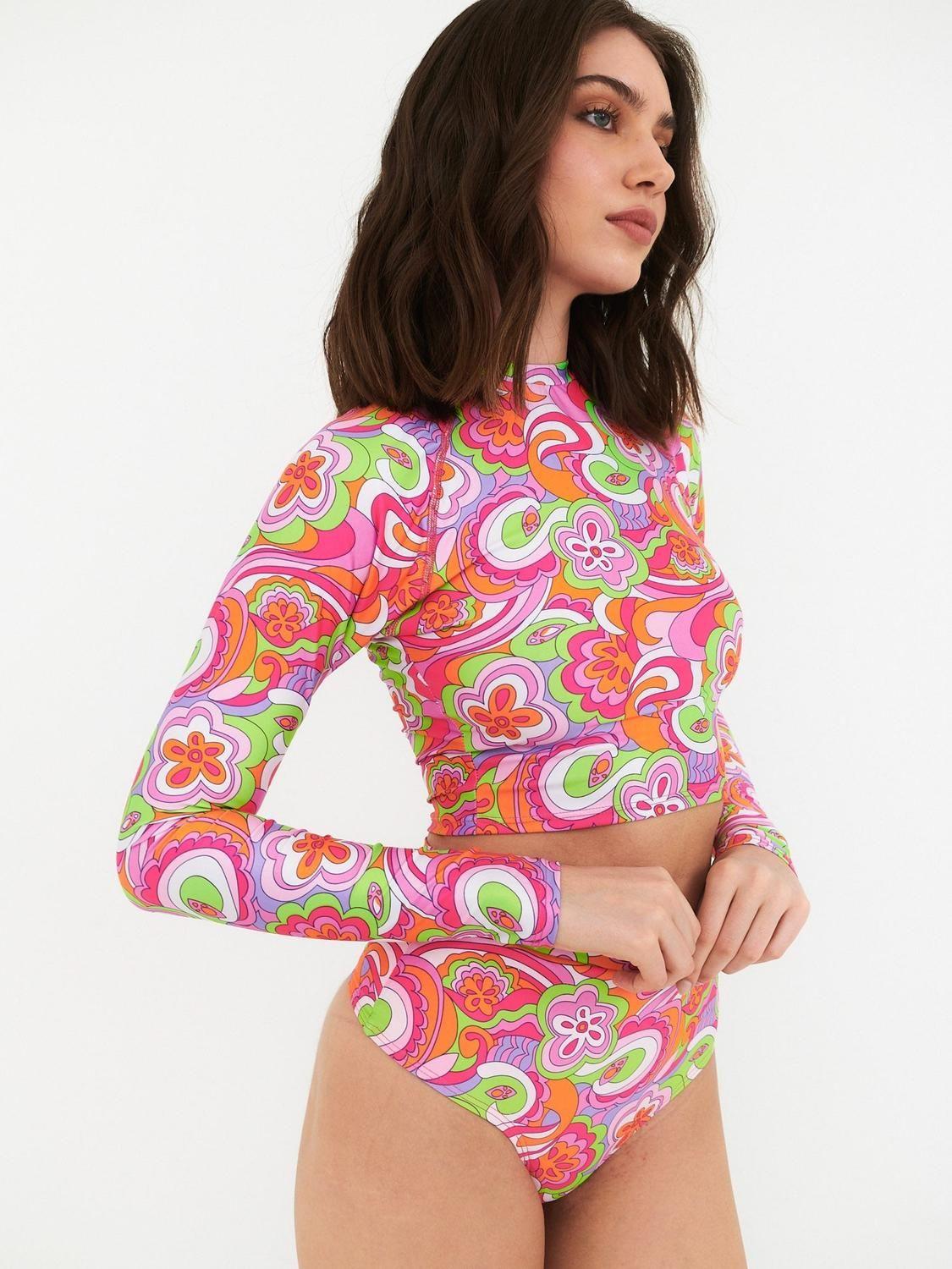 Bikini Surf Daikiri Mujer Manga Larga Calzón Tiro Alto Psicodelico Naranjo Flúor Filtro UV50+-3