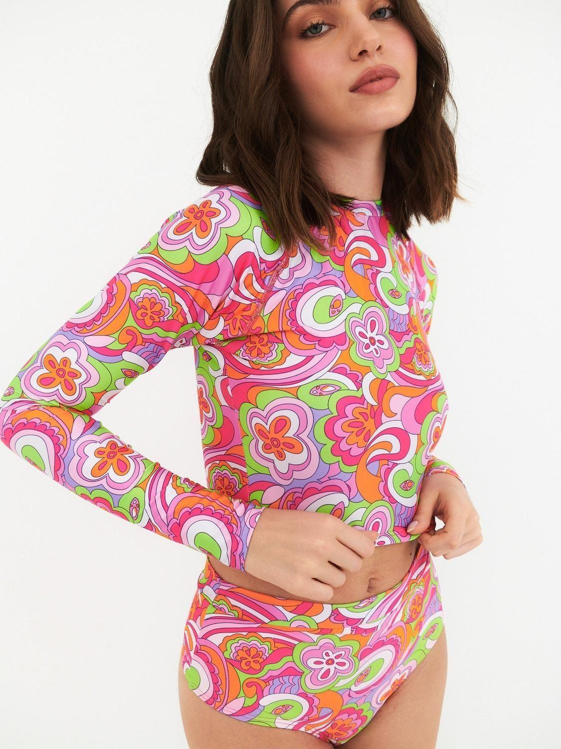 Bikini Surf Daikiri Mujer Manga Larga Calzón Tiro Alto Psicodelico Naranjo Flúor Filtro UV50+-2