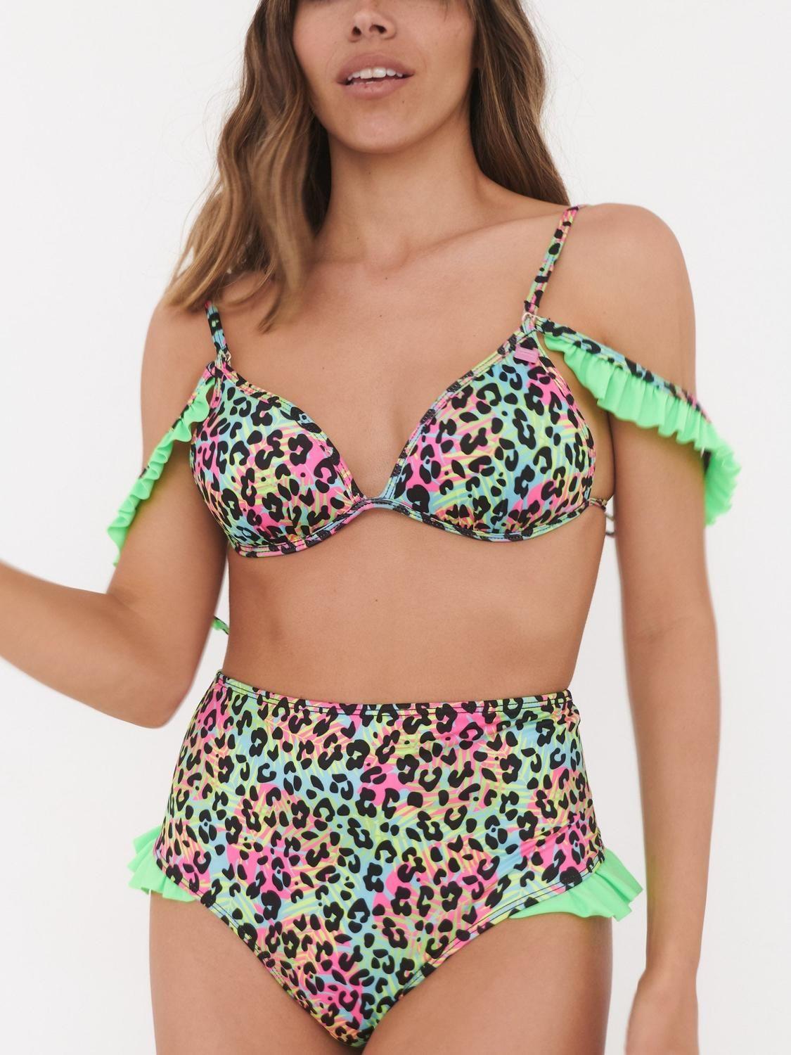 Bottom de Bikini Daikiri Mujer Calzón Tiro Alto Vuelos Print Leopardo Verde Flúor Filtro UV50+-2