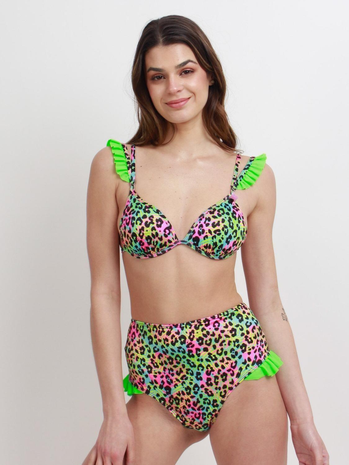 Bottom de Bikini Daikiri Mujer Calzón Tiro Alto Vuelos Print Leopardo Verde Flúor Filtro UV50+-5