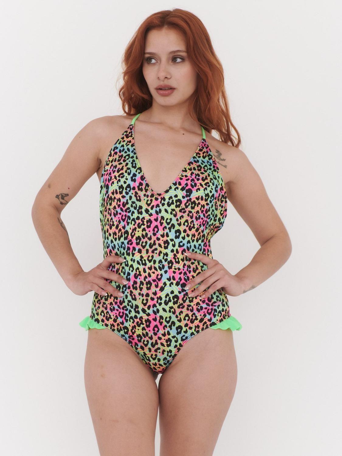 Traje de Baño Daikiri Mujer Espalda Rebajada Vuelos Print Leopardo Verde Flúor Filtro UV50+-3