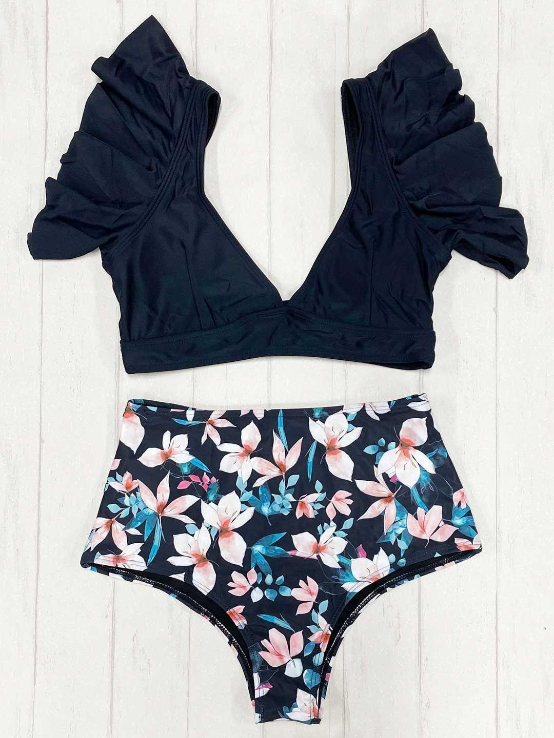 Daikiri Bikini Tiro Alto Daikiri Floreado Negro-5