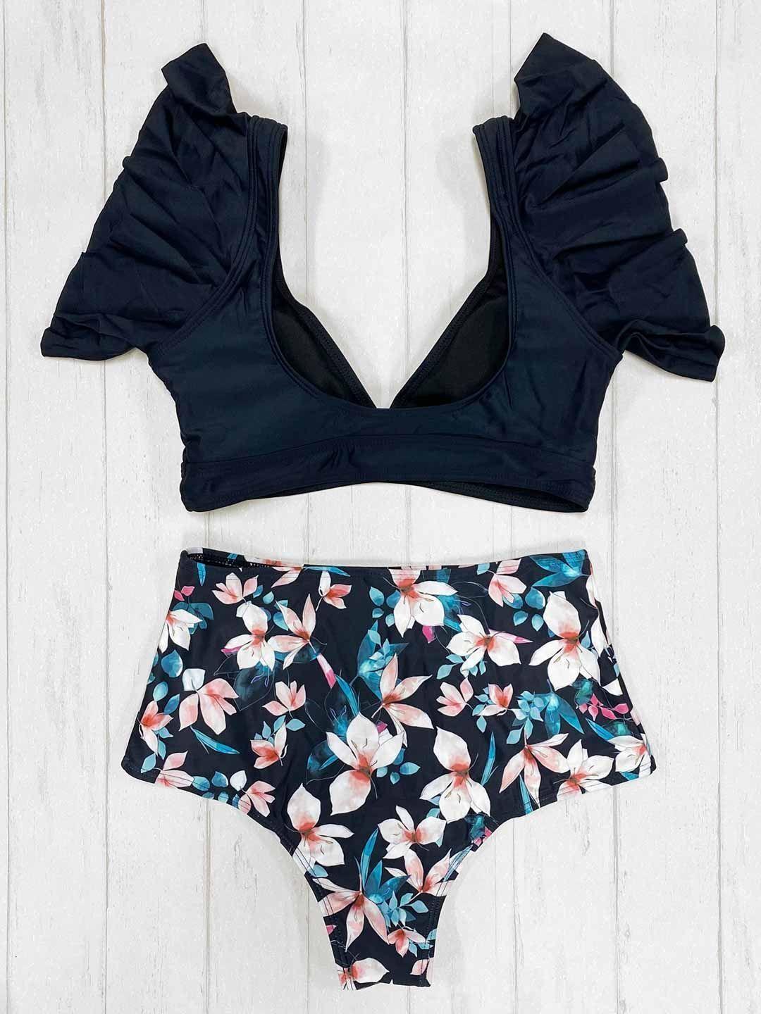 Daikiri Bikini Tiro Alto Daikiri Floreado Negro-6