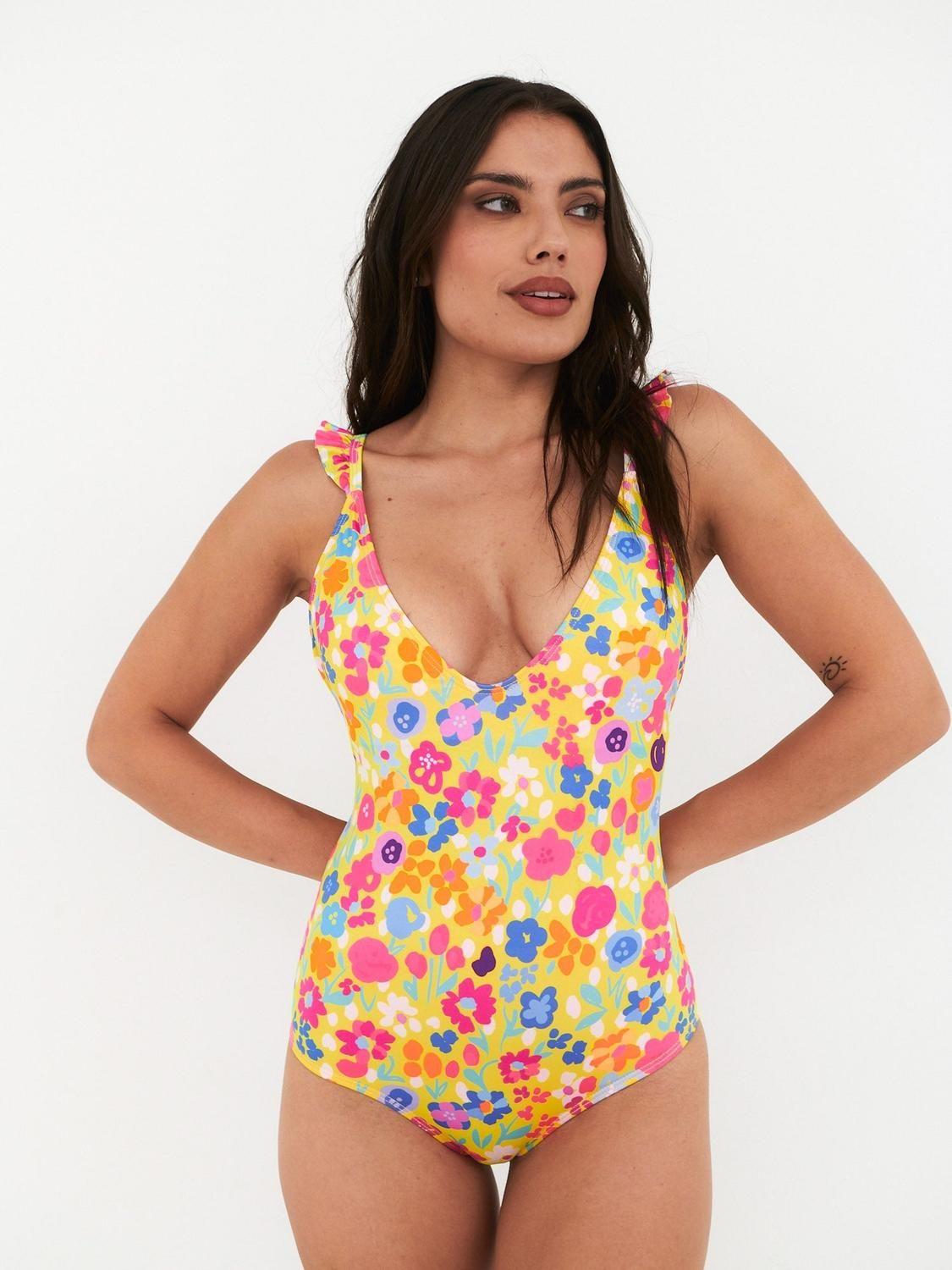 Traje de Baño Daikiri Mujer Vuelos Hombros Flores Amarillo Flúor Filtro UV50+-2