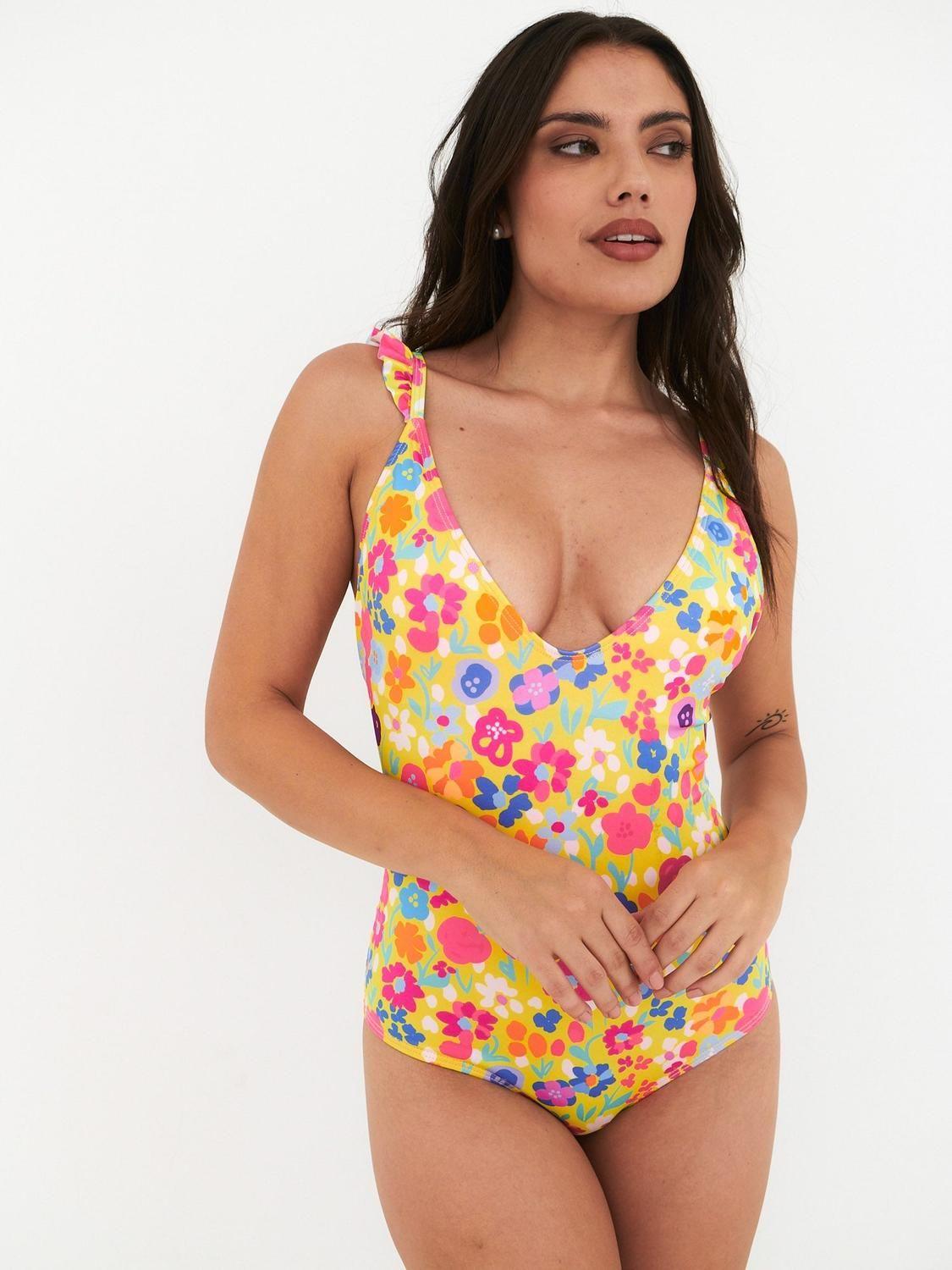 Traje de Baño Daikiri Mujer Vuelos Hombros Flores Amarillo Flúor Filtro UV50+-4