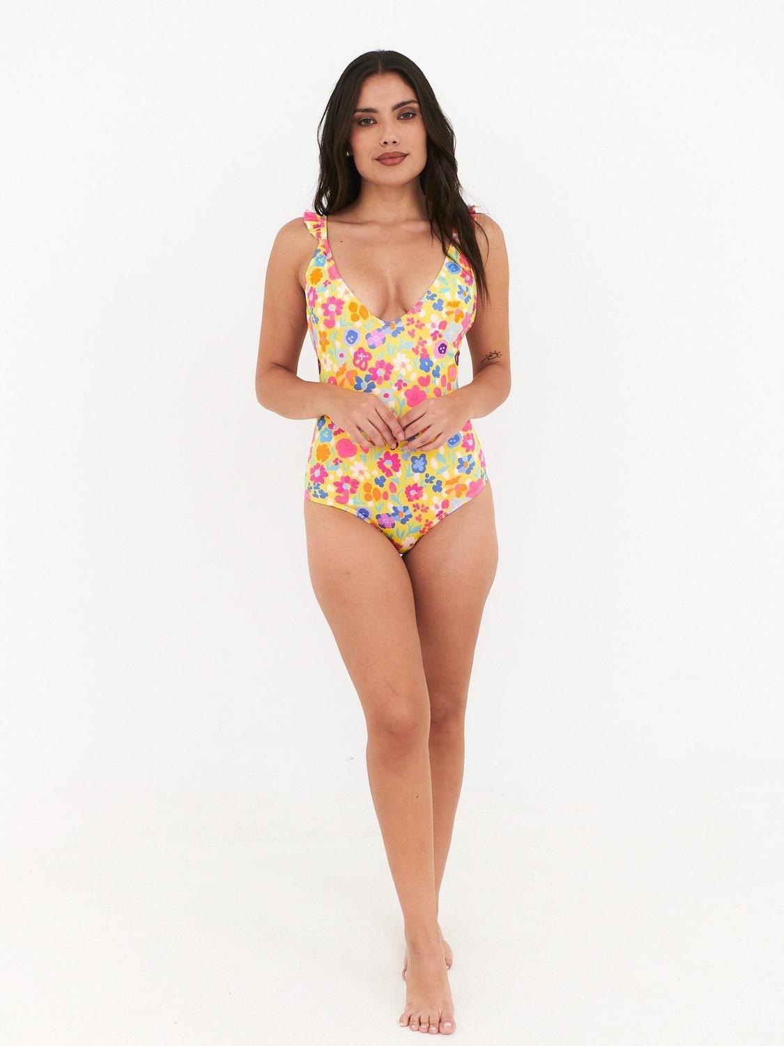 Traje de Baño Daikiri Mujer Vuelos Hombros Flores Amarillo Flúor Filtro UV50+-6
