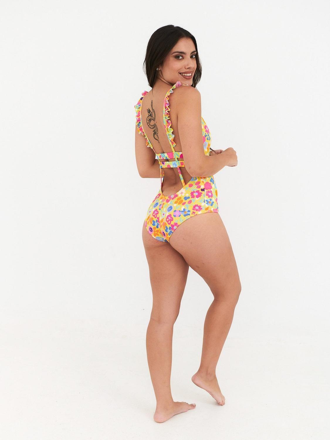Traje de Baño Daikiri Mujer Vuelos Hombros Flores Amarillo Flúor Filtro UV50+-7