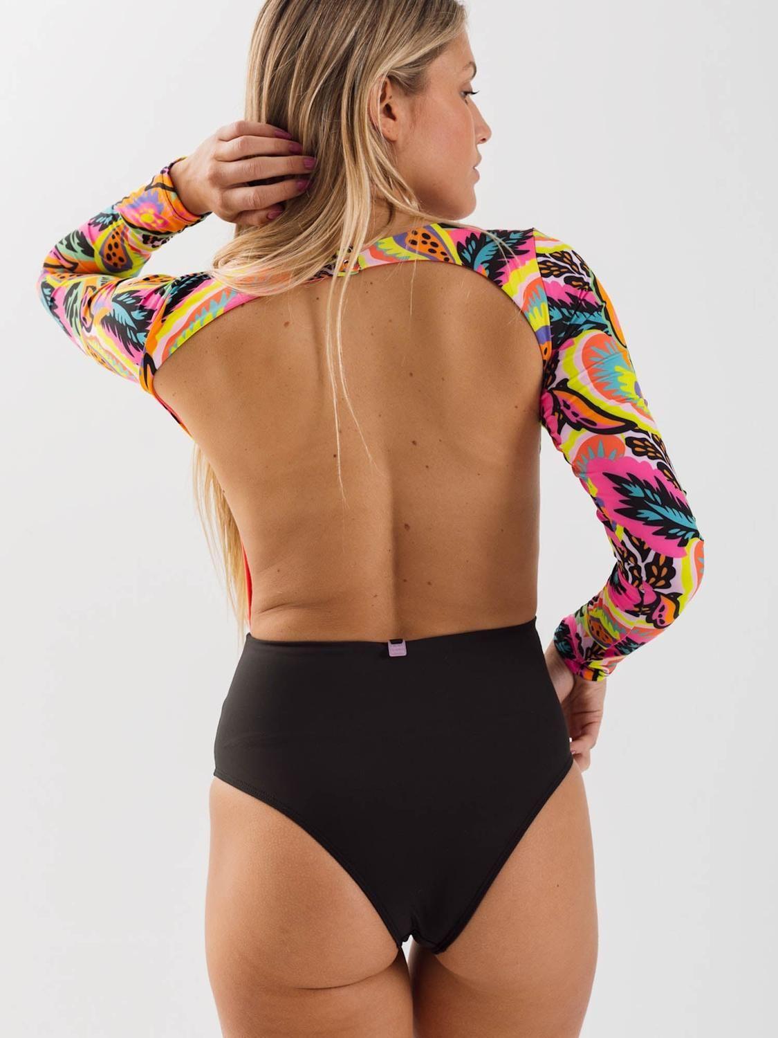 Traje de Baño Surf Daikiri Mujer Manga Larga Sin Espalda Flores Negro Flúor Filtro UV50+-1