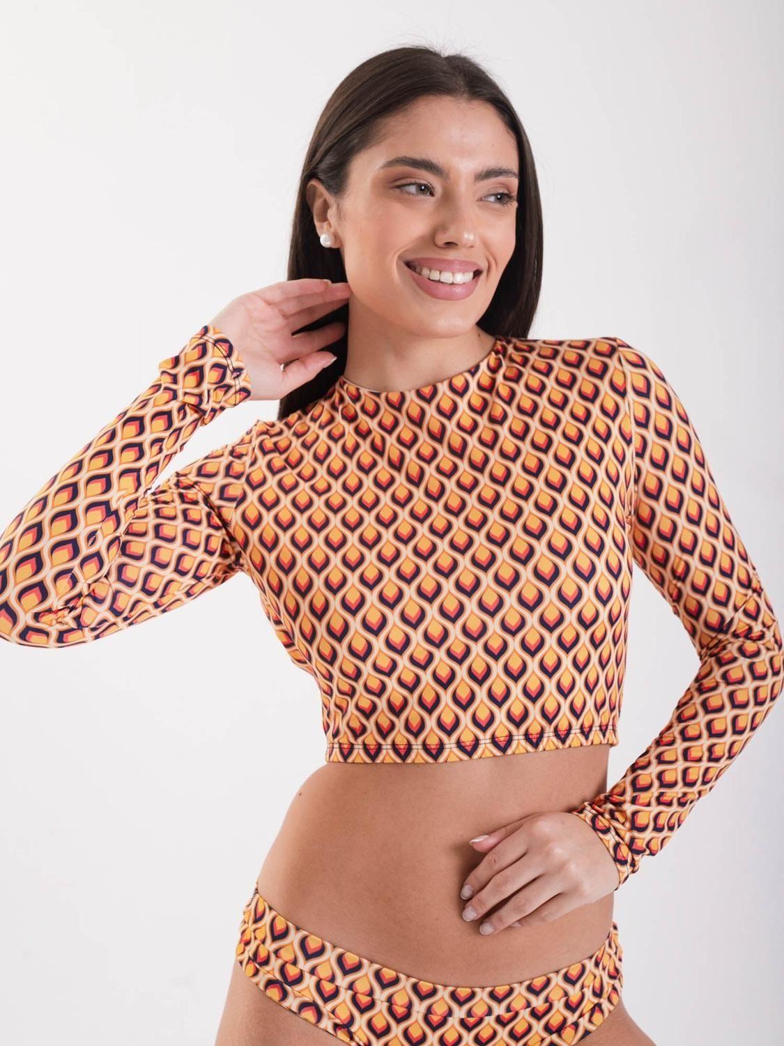 Polera Surf Daikiri Mujer Manga Larga Espalda Abierta Geométrico Naranjo Azul Filtro UV50+-2