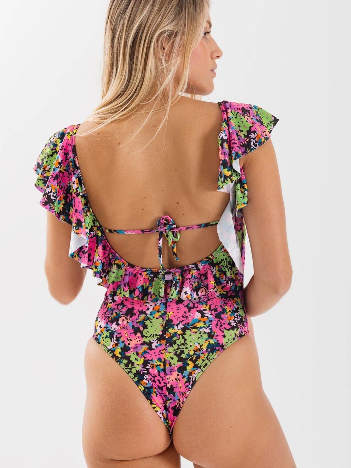 Traje de Baño Daikiri Mujer Vuelos Flores Negro Rosa Flúor Filtro UV50+-1