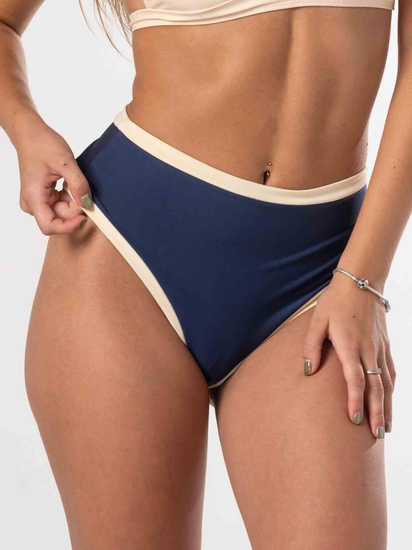 Bottom de Bikini Daikiri Mujer Calzón Tiro Alto Sin Elasticos Azul Marino Crema Protección UV50+-3