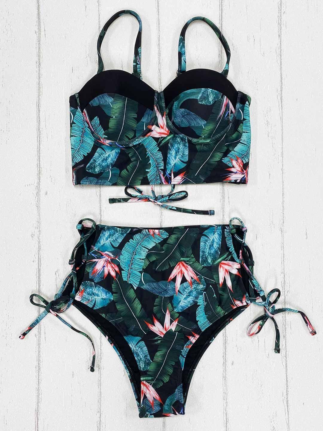 Daikiri Bikini Mujer Daikiri Push Up Tiro Alto Negro Flores Xl-4