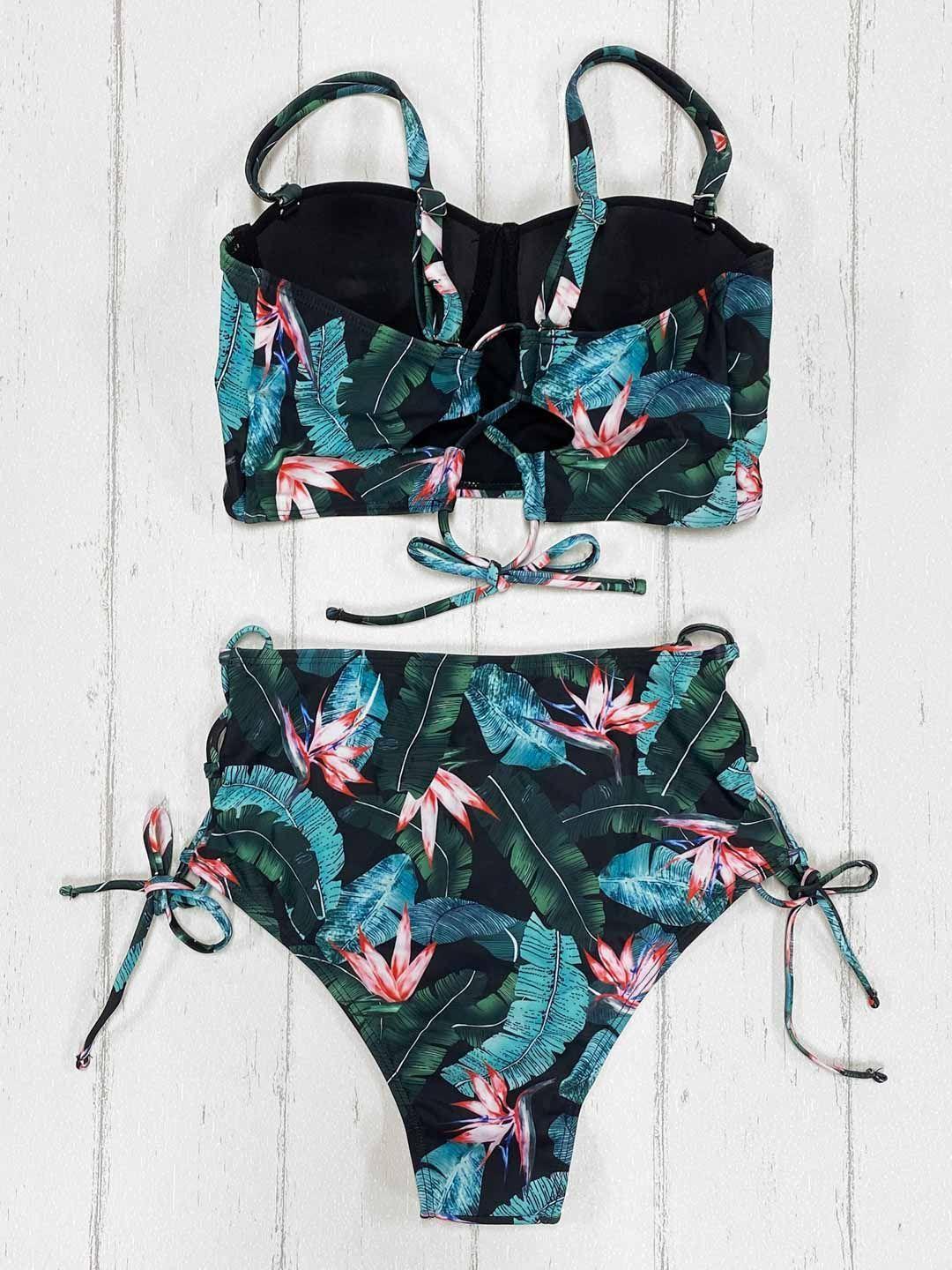 Daikiri Bikini Mujer Daikiri Push Up Tiro Alto Negro Flores Xl-5
