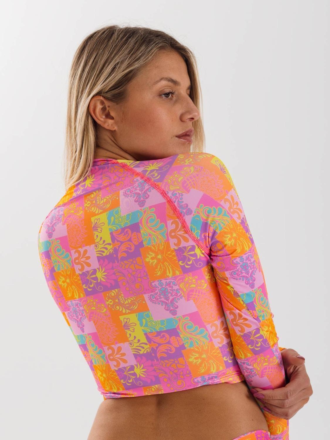 Polera Surf Daikiri Mujer Manga Larga Patchwork Naranjo Flúor Filtro UV50+-1