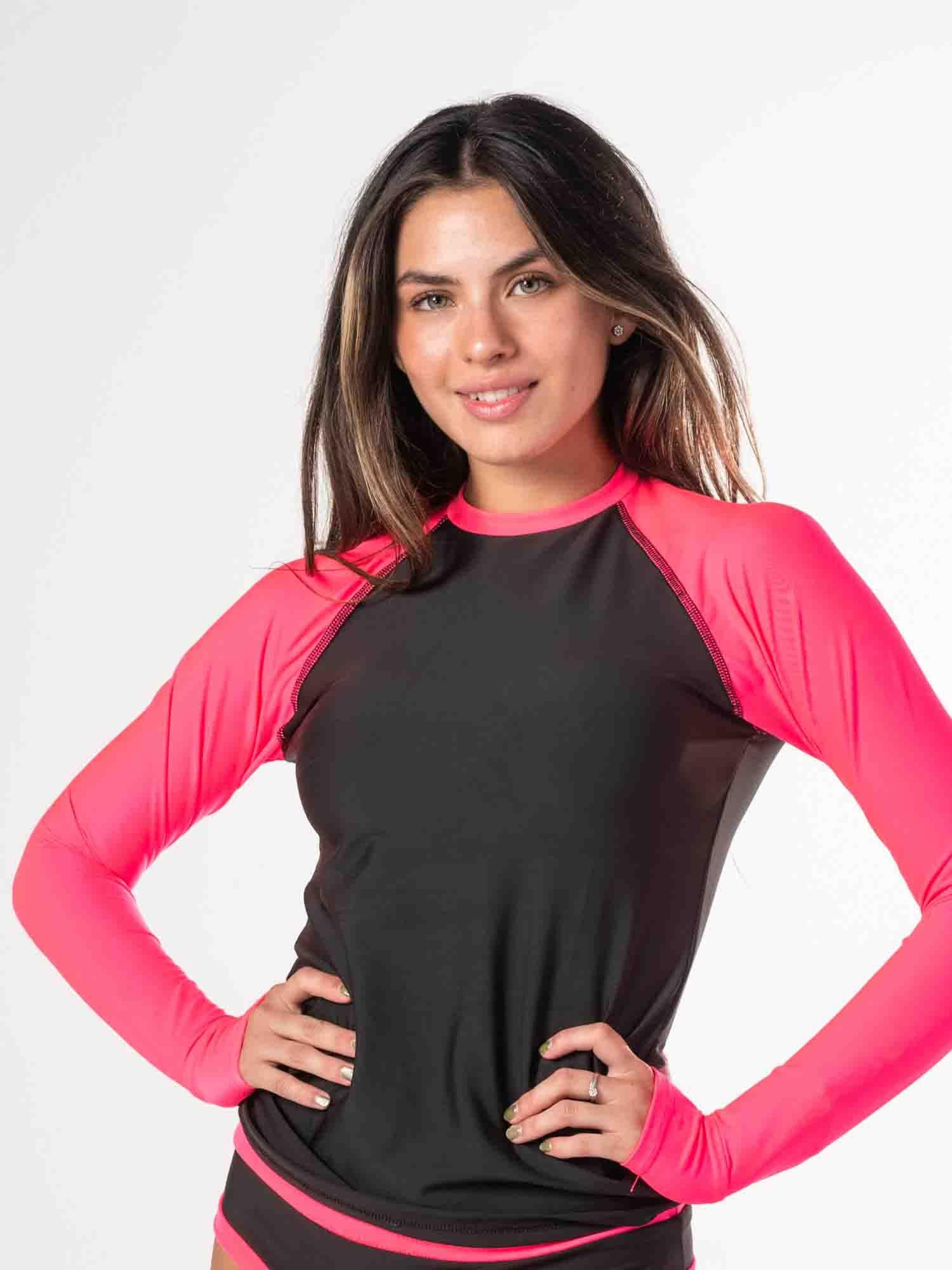 Polera Surf Daikiri Mujer Manga Larga Negro Rosado Fucsia Fluor Protección UV50+-2