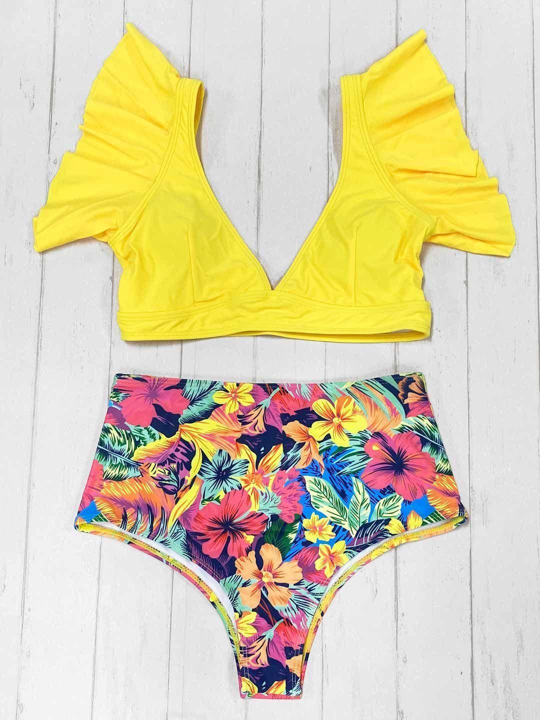 Daikiri Bikini Mujer Tiro Alto Amarillo Flores-4