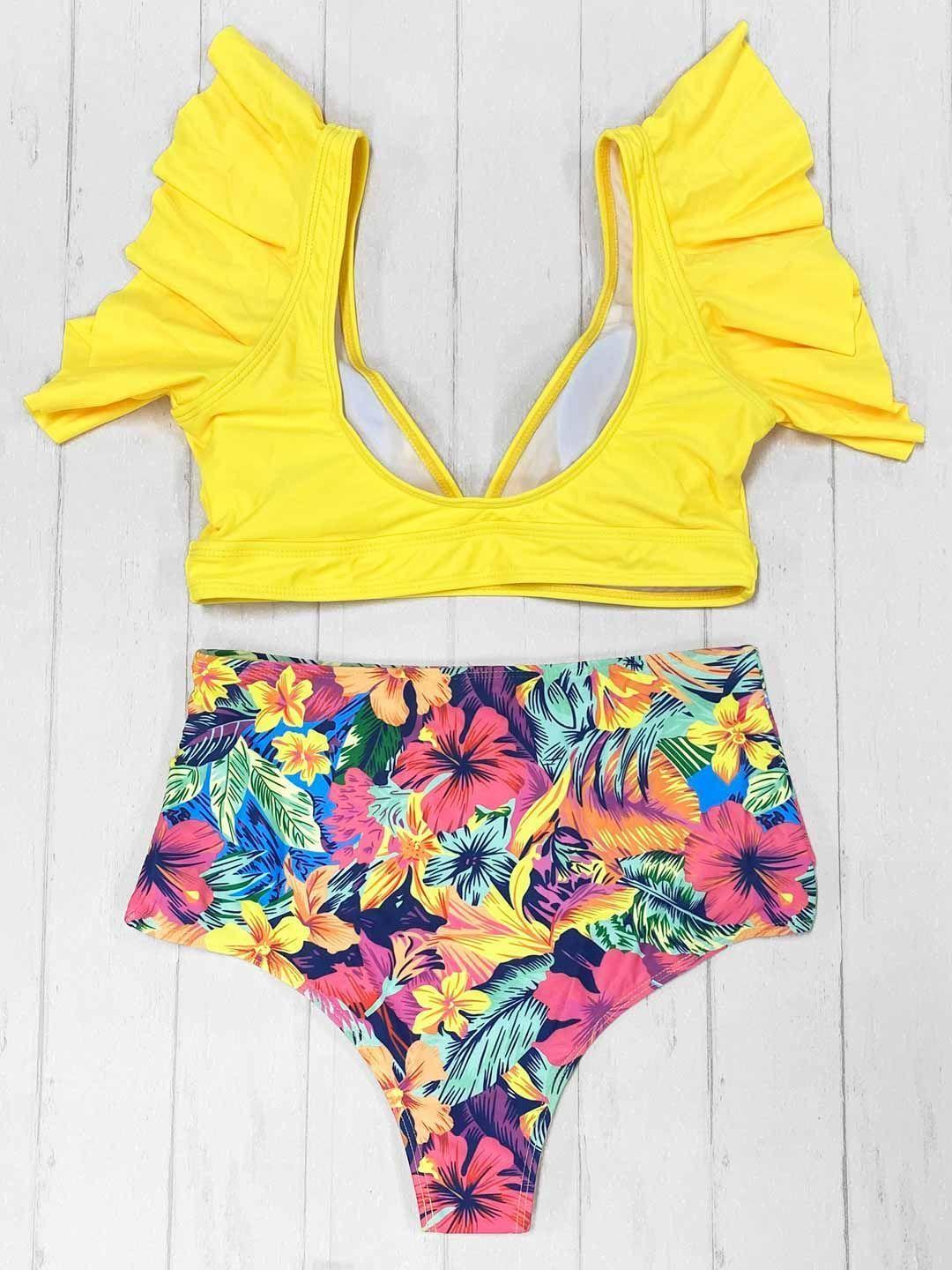 Daikiri Bikini Mujer Tiro Alto Amarillo Flores-5