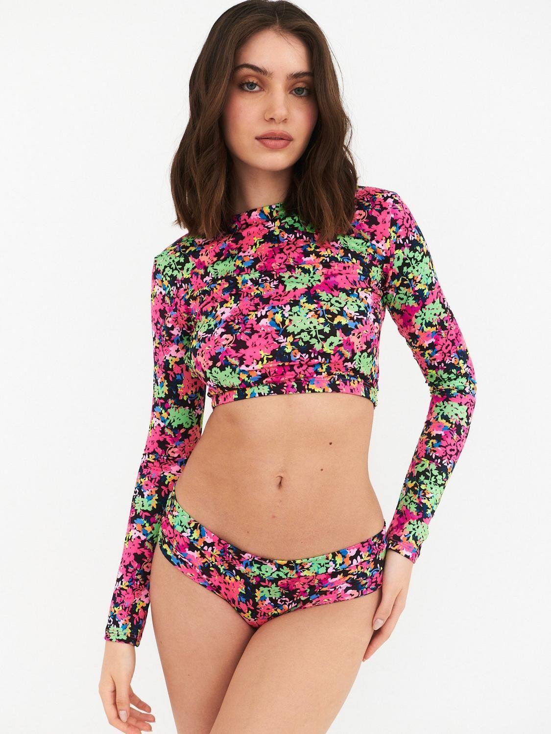 Bikini Surf Daikiri Mujer Manga Larga Espalda Abierta Flores Negro Rosa Flúor Filtro UV50+-2