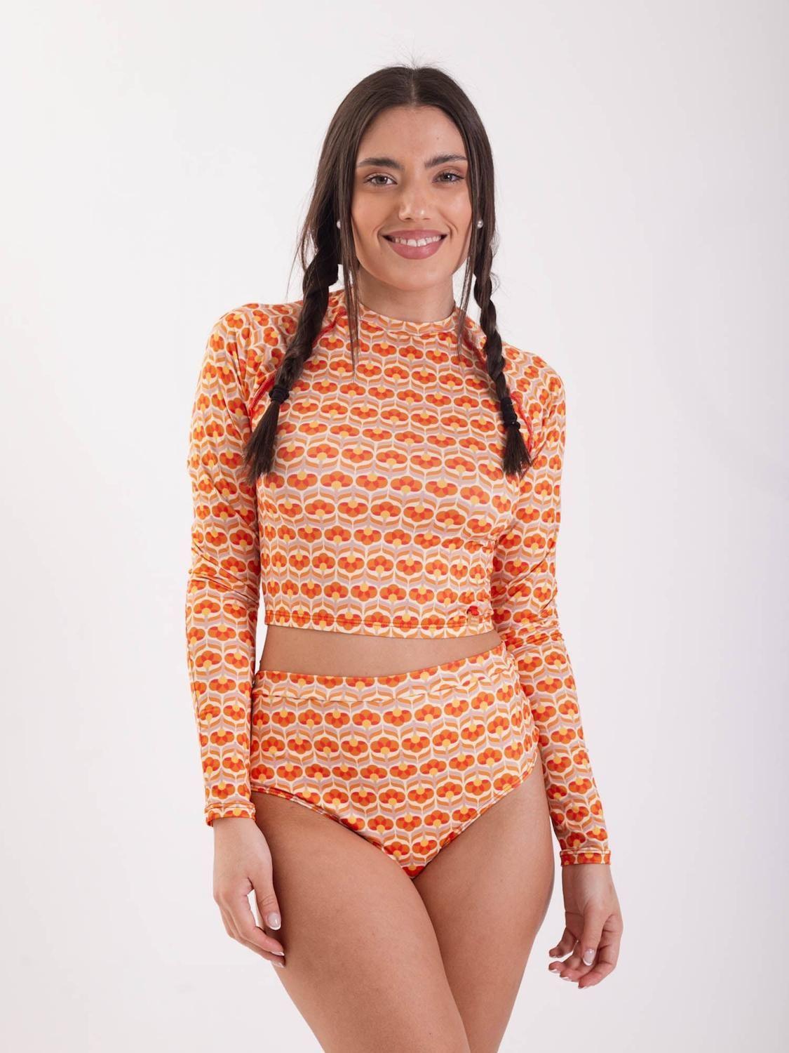 Bottom de Bikini Daikiri Mujer Calzón Tiro Alto Flores Naranjo Rojo Filtro UV50+-3