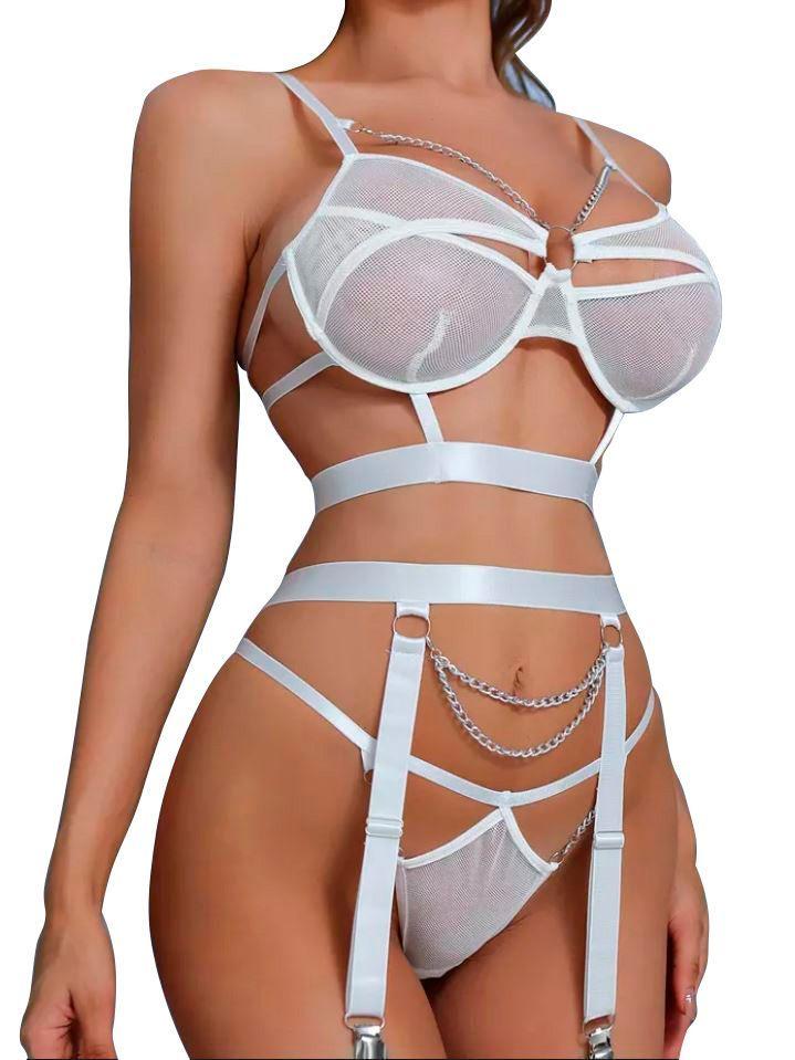 Conjunto lencería  sexy cadenas - Blanco -2