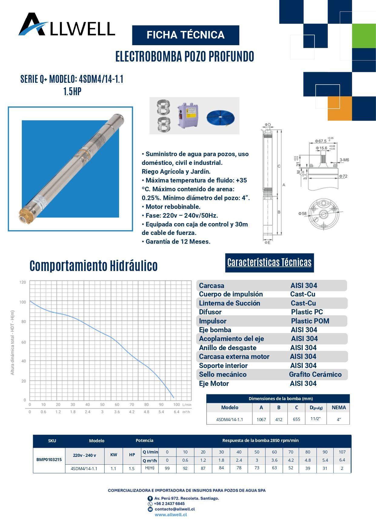 KIT BOMBA SUMERGIBLE POZO ALLWELL 4" 1.5 HP Q+ 4SDM4/14-1.1 + ACC DE INSTALACION-4