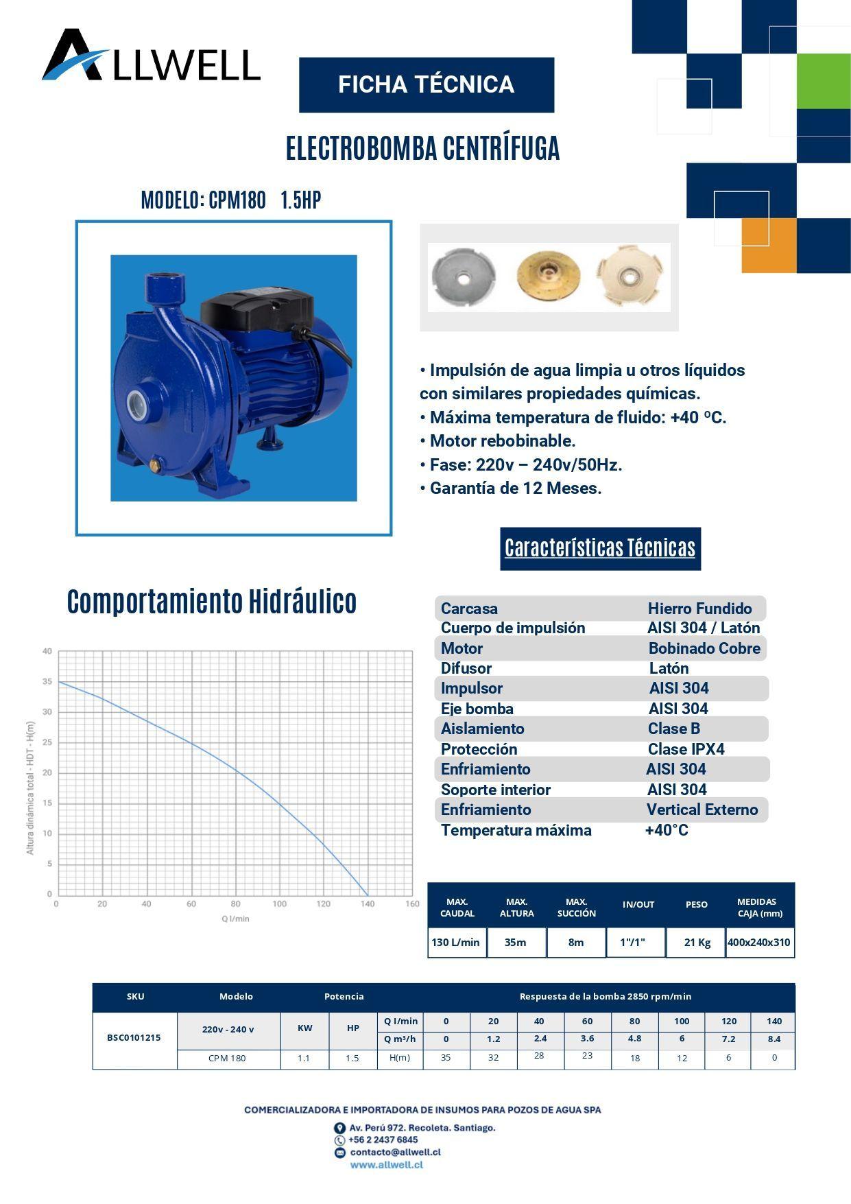 BOMBA CENTRIFUGA ALLWELL 1.5 HP CPm180-2