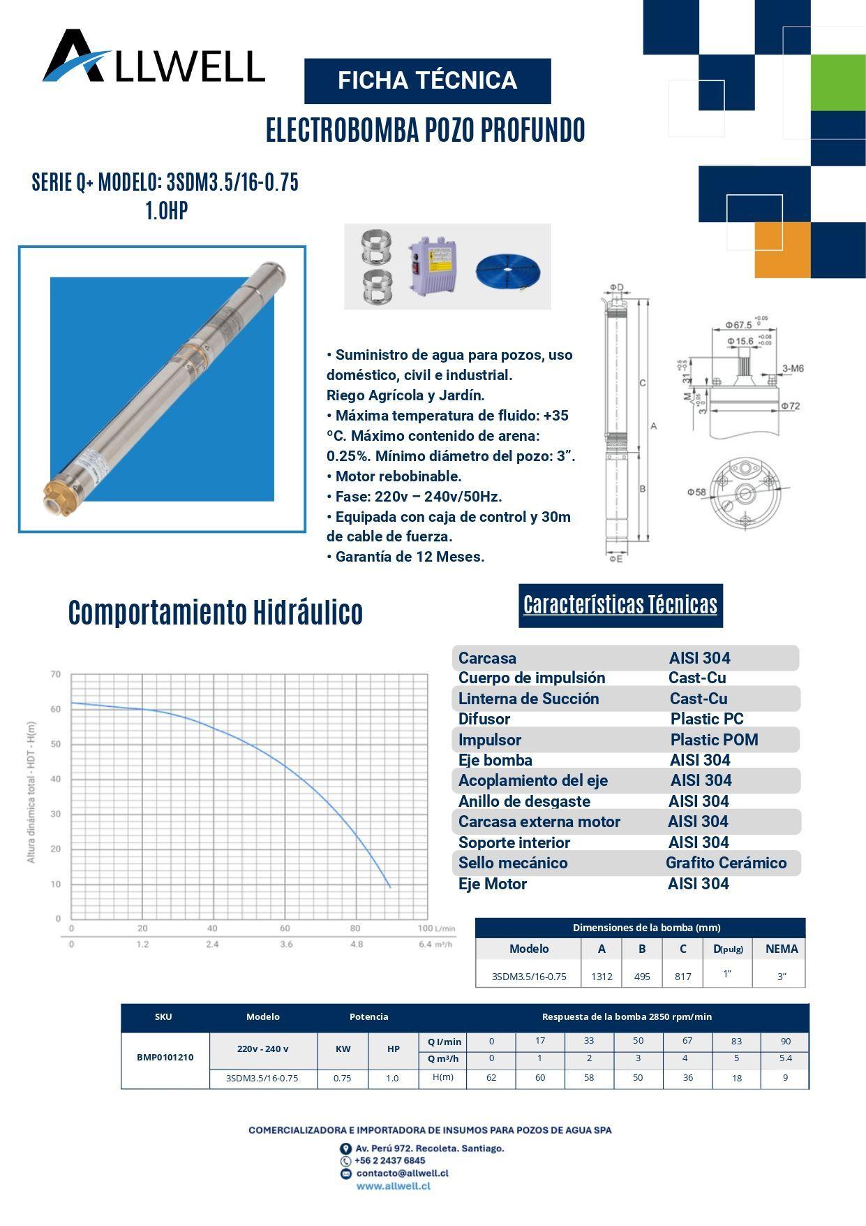KIT BOMBA SUMERGIBLE POZO ALLWELL 3" 1.0HP 3SDM3.5/16-0.75 + ACC DE INSTALACION-3