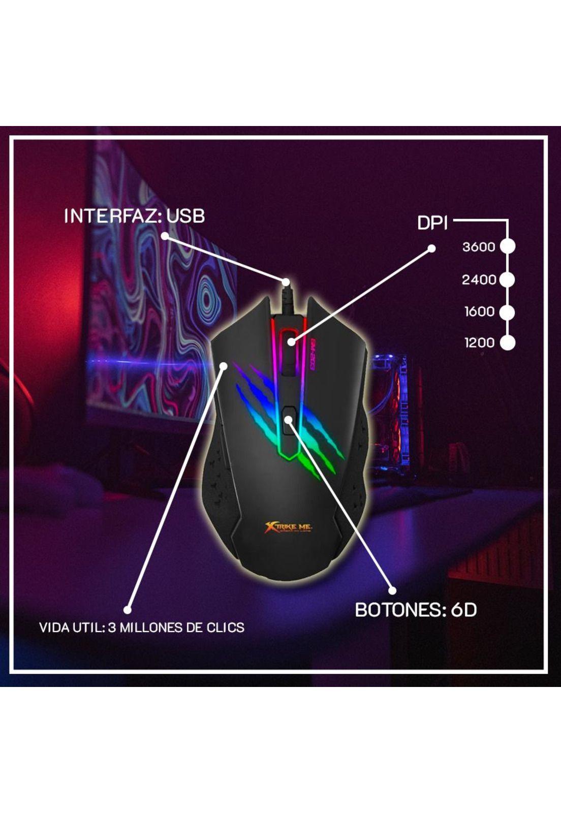 Mouse Gamer Xtrike Me Backlit Rgb 6 Botones 3600 Dpi Fx-1