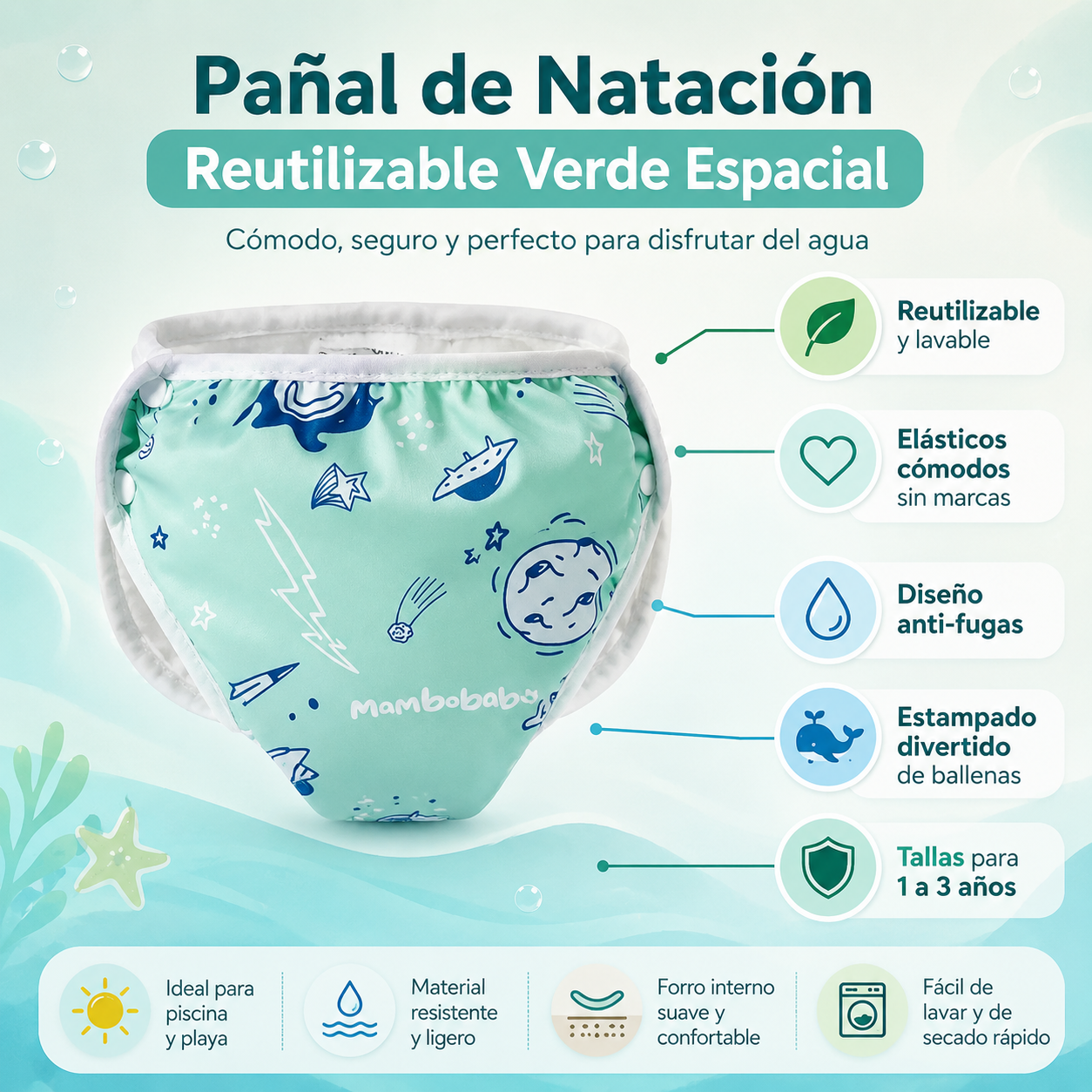 Pañal Natación Reutilizable Bebé Mambobaby Verde Ballenas-1