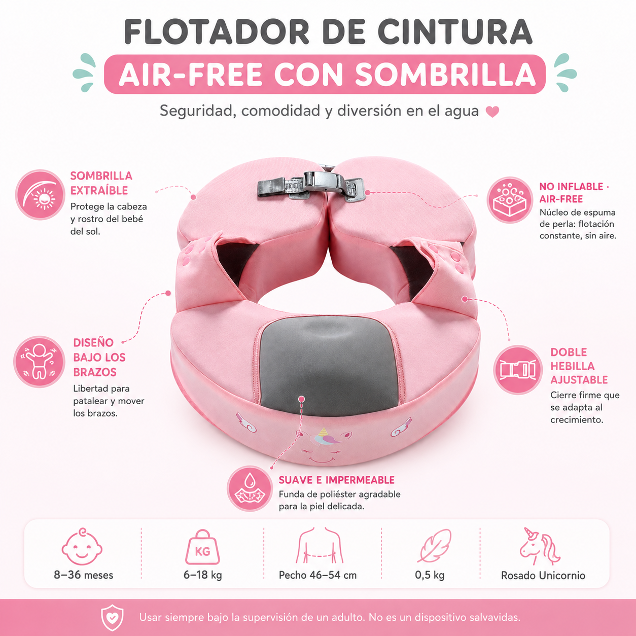Flotador de Cintura Air-Free Mambobaby con Sombrilla UV - Rosado Unicornio-2