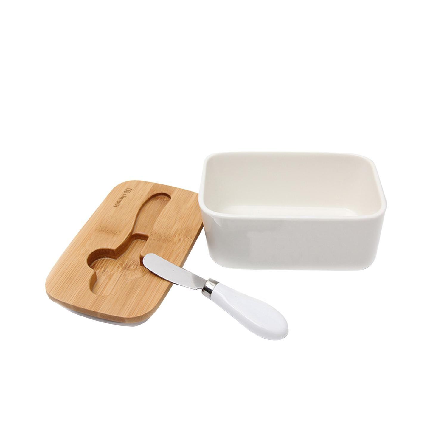 Mantequillero Cerámica Tapa Bamboo + Cuchillo 600 ml Simplit-2