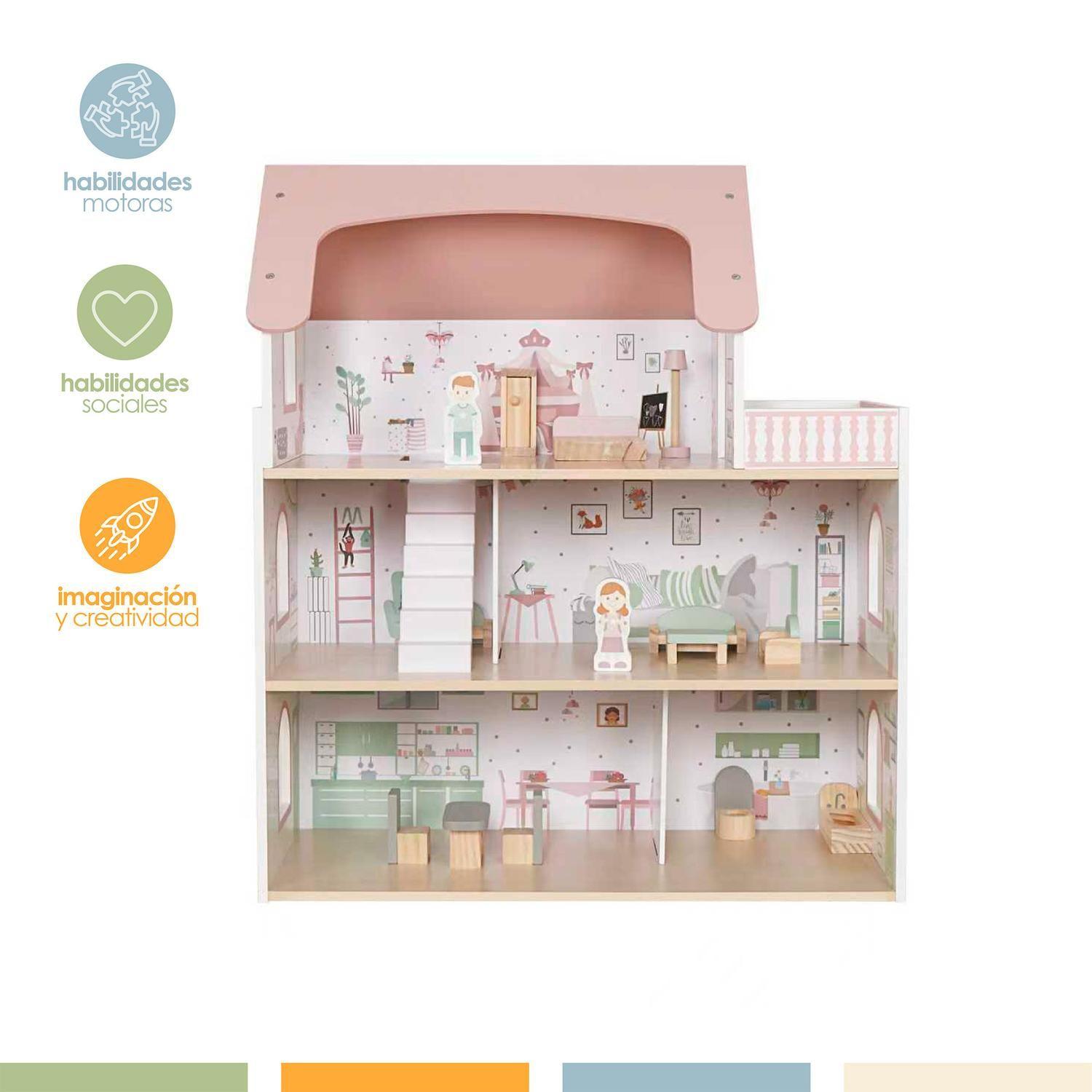 Casa de Muñecas Madera 3 Pisos con Muebles y Muñecos Bandú-2
