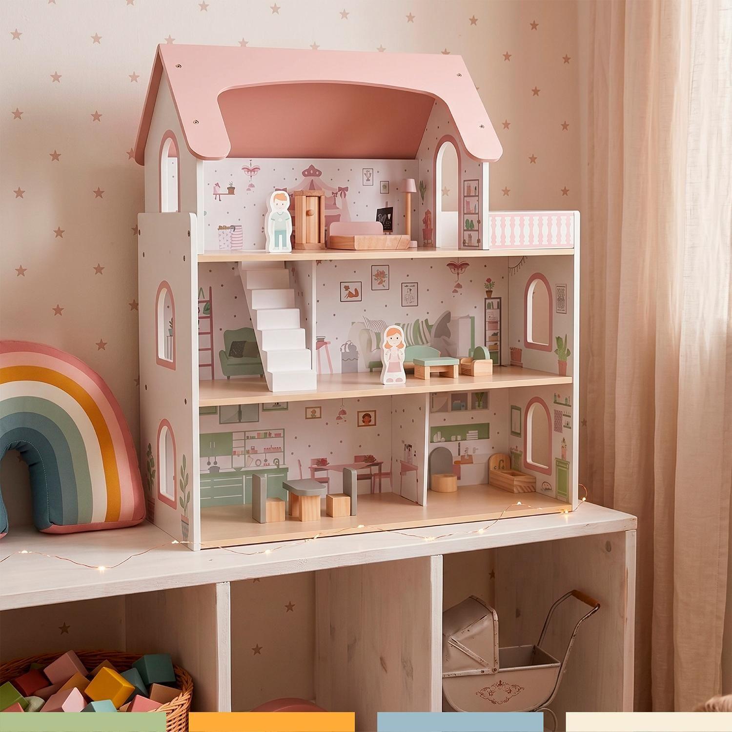 Casa de Muñecas Madera 3 Pisos con Muebles y Muñecos Bandú-6