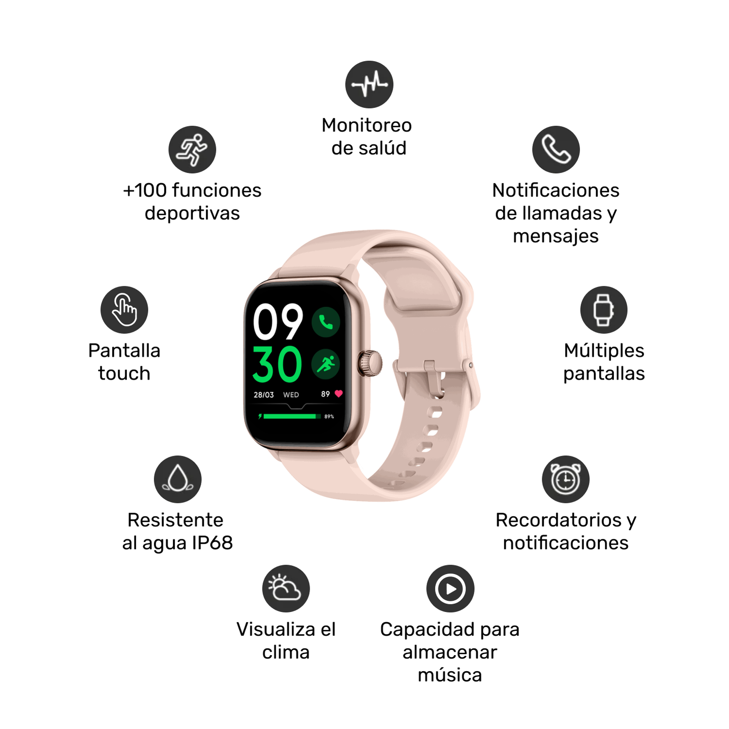 Pack Smartwatch Pink Rhythm + Audífonos Cream BeatMaster-2