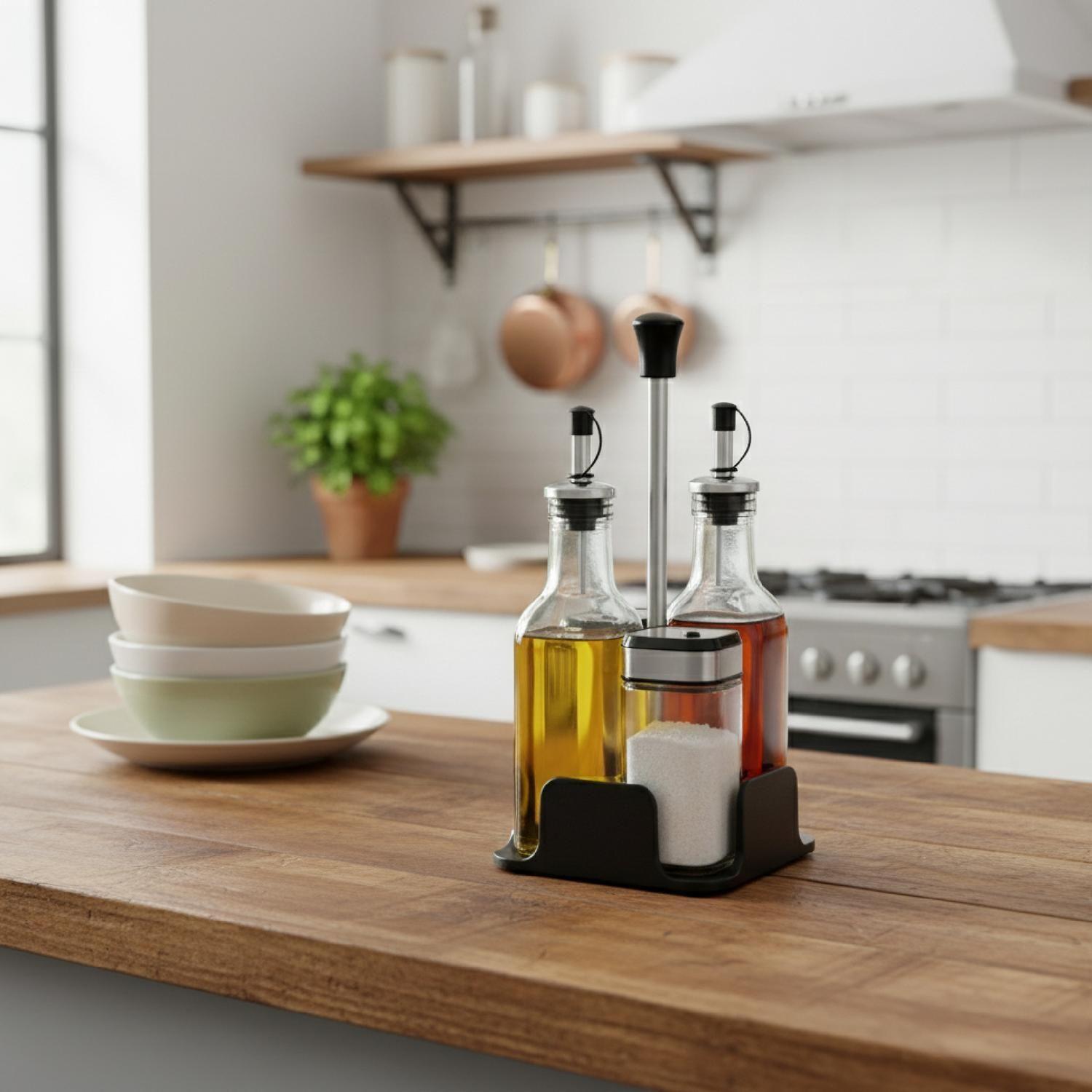 Set Alcuza 4 Pcs Aceite Vinagre Condimento con Soporte 5Five-1