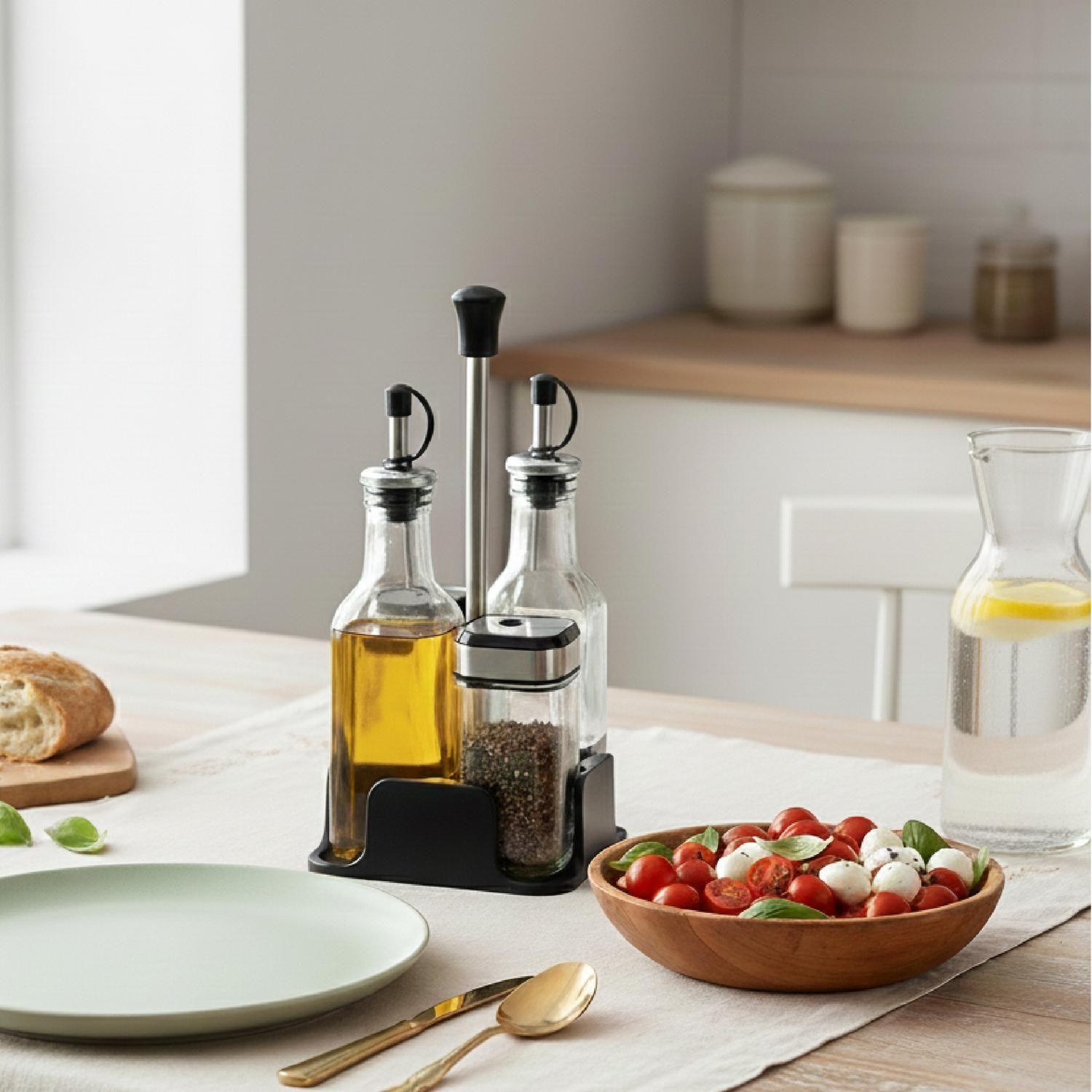 Set Alcuza 4 Pcs Aceite Vinagre Condimento con Soporte 5Five-5