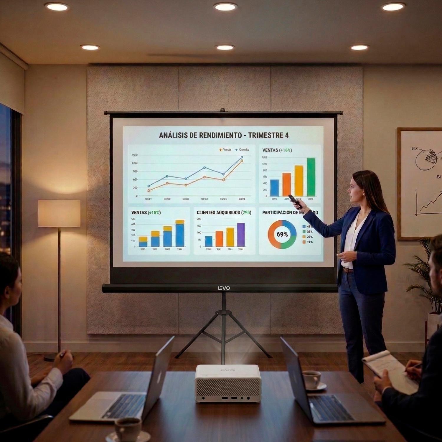 Proyector Portátil Hexa 8000lm + Telón 60" Negro LEVO-6