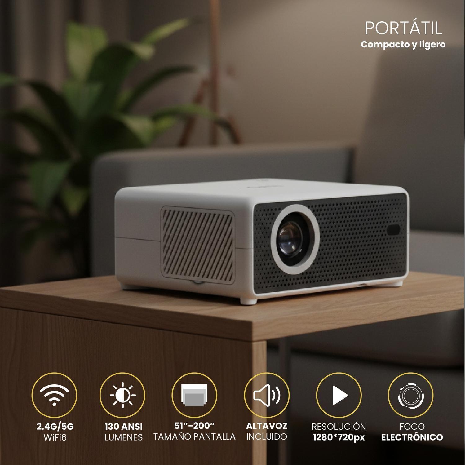 Proyector Portátil Hexa 8000lm + Telón Electrico 60" LEVO-2