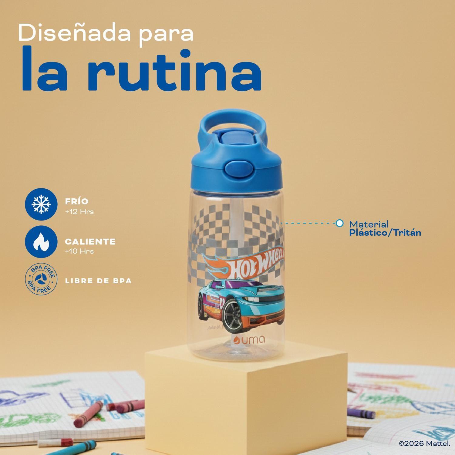 Botella Agua Niños Hot Wheels Race 420ml con Bombilla UMA-3