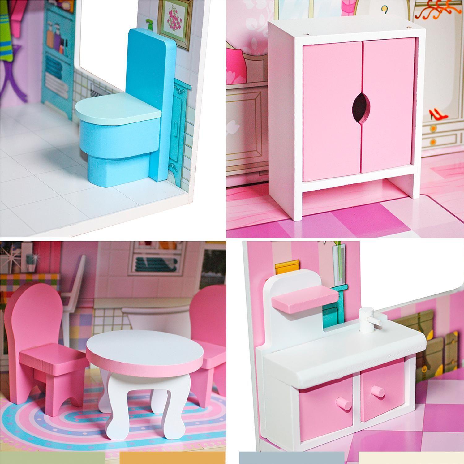 Casa De Muñecas Clásica Madera Rosada Con Accesorios Bandú-3