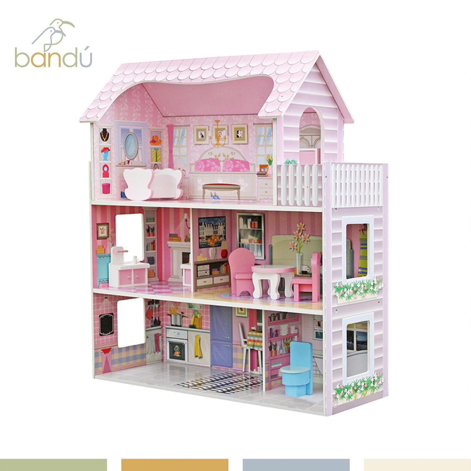 Casa De Muñecas Clásica Madera Rosada Con Accesorios Bandú-4
