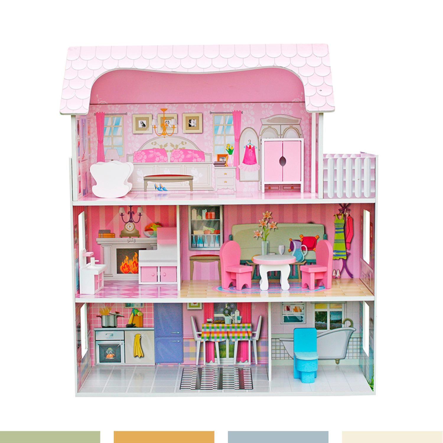 Casa De Muñecas Clásica Madera Rosada Con Accesorios Bandú-2