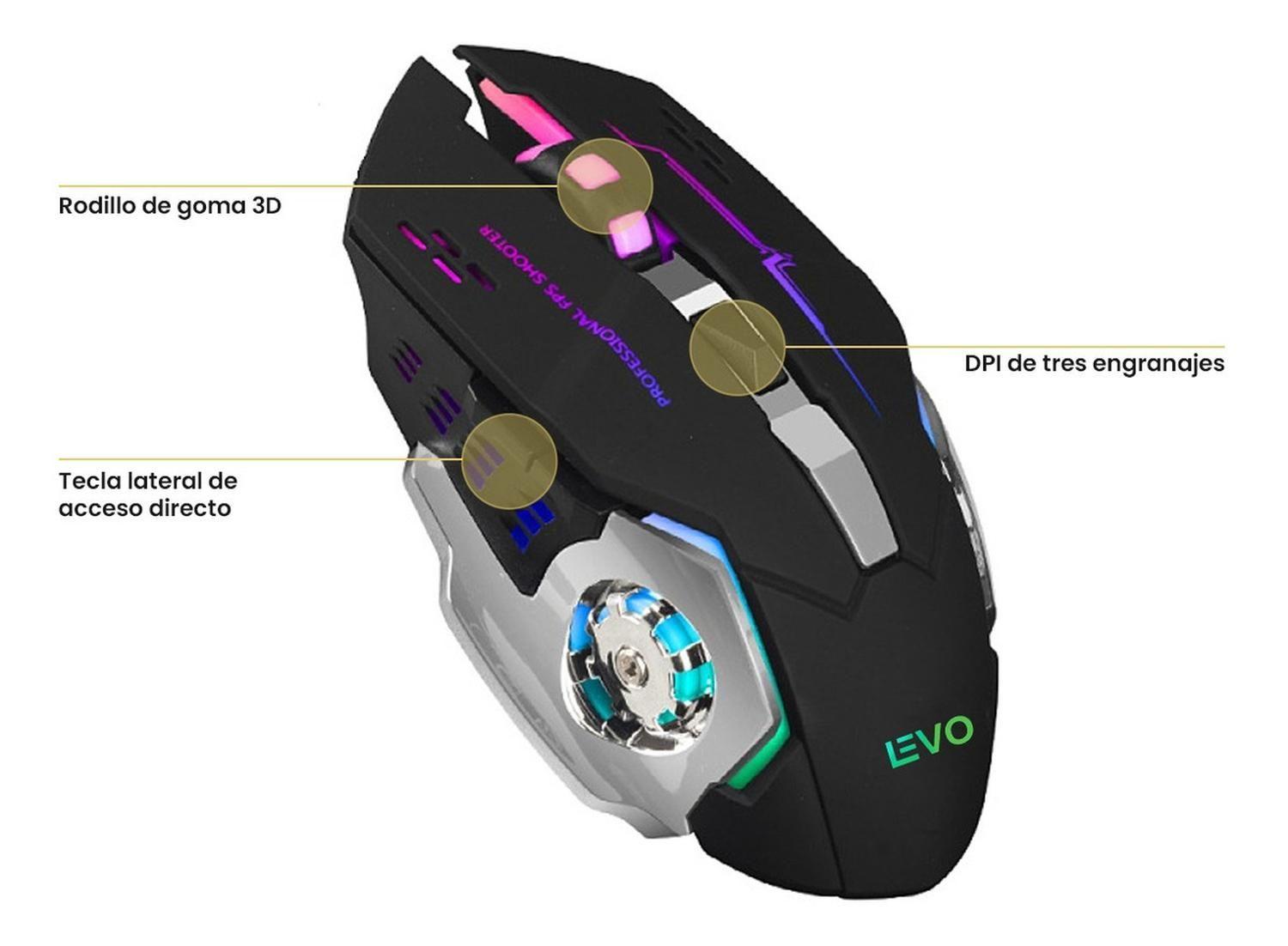 Mouse Gamer Inalámbrico 6 botones Luz Led Levo-3