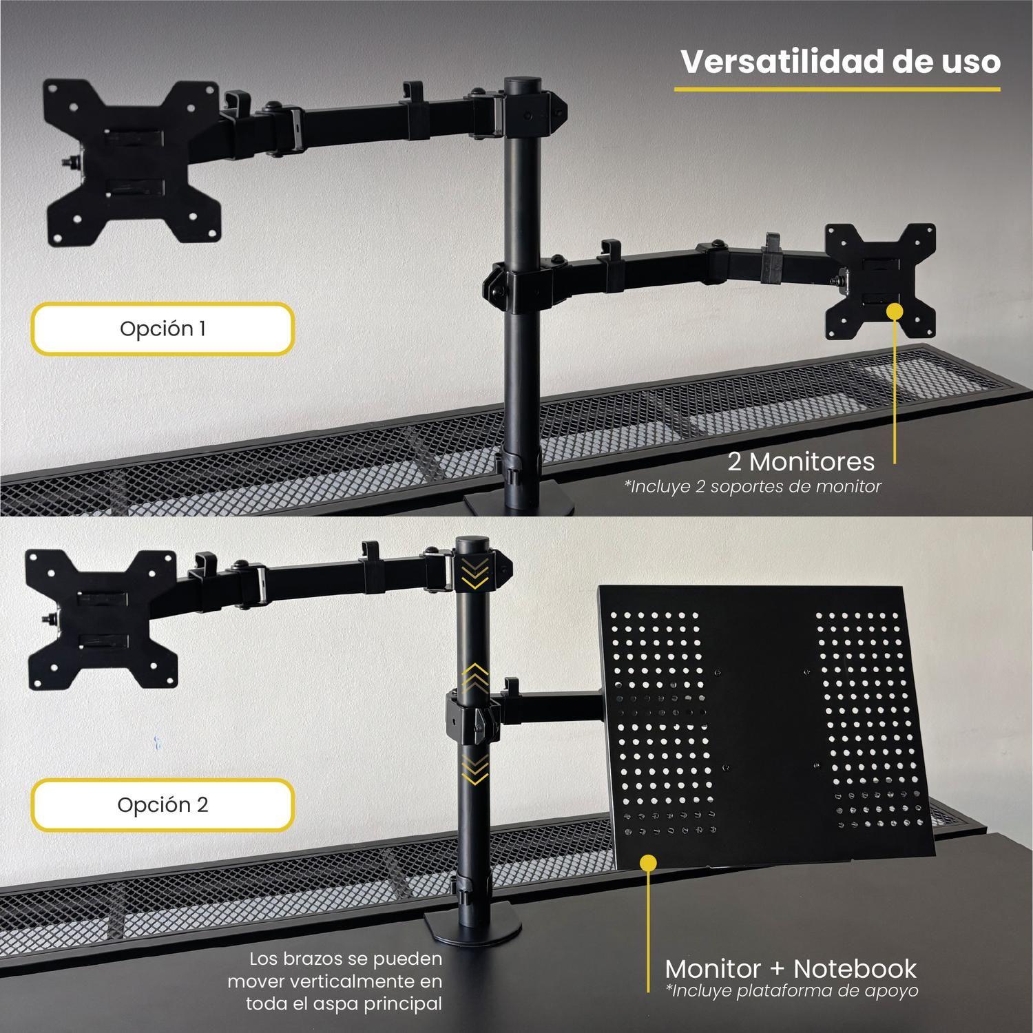 Soporte Brazo Doble Monitor Notebook Escritorio Negro LEVO-4